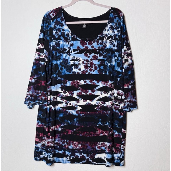 Style & Co. Tops - Style Co Long Tunic Top Sz 2X Black Blue‎ Long Sleeve Stretch Comfort Floral